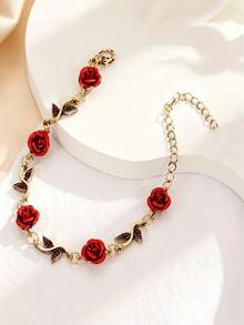 1pc Vintage Red Rose Charm Bracelet, Elegant & Fashionable Accessory For Women, Suitable For Daily Wear And Parties - Yellow Gold - View 2
