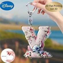 Disney 2D飞机，2D飞机印刷，1个迪士尼亚克力钥匙扣，26个英文字母，史迪奇粉色花朵图案设计，可爱包包钥匙扣，情侣钥匙扣，汽车钥匙扣，史迪奇粉丝生日礼物，2D飞机，节日完美之选 - 彩色 - 查看 9