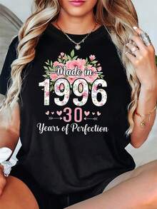 "Hecho en 1996, 30 Años de Perfección" Camiseta con Temática de Cumpleaños Número 30 para Mujer, Decoración con Lema de Corazón Floral Rosa, Manga Corta Casual, Estilo Suave de Cumpleaños en Rosa y Blanco, Camiseta para Celebración del 30º Aniversario. - Negro - Ver 8