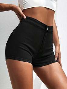 Shorts De Mezclilla Ajustados De Cintura Alta Para Outfits De Verano - Negro - Ver 4