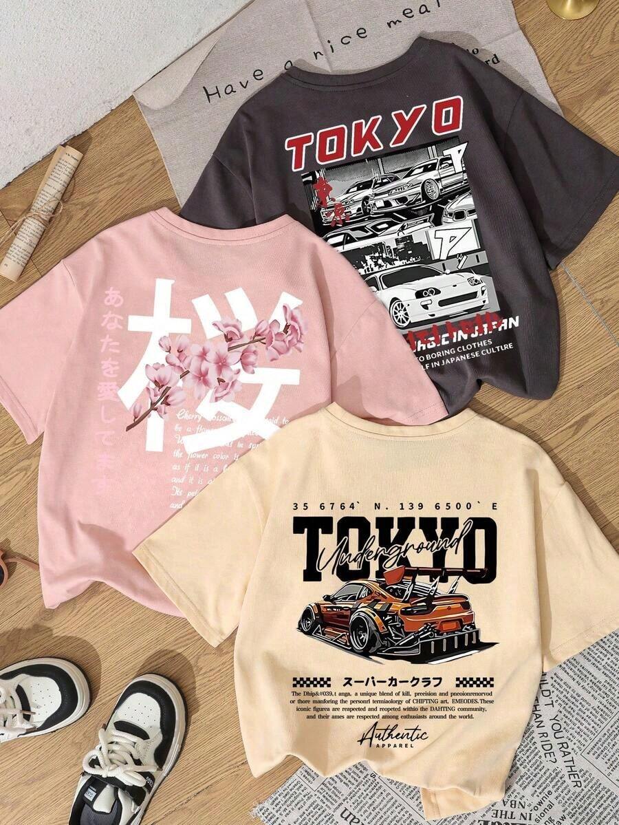 Set de 3 camisetas de manga corta con cuello redondo, de estilo casual y divertido con estampados de carreras de coches y flores de sakura japonesas, tops versátiles y de moda para mujer - Albaricoque, rosa y gris oscuro - Ver 1