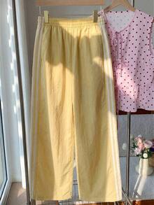 QBGN  Pantalones de chándal casuales y holgados con cintura elástica y rayas laterales marrones para mujer - Amarillo - Ver 1