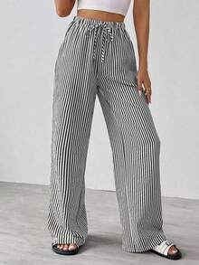 Tall Pantalones largos de mujer casuales de uso diario con estampado a rayas y estampados para primavera/verano - Negro 2 - Ver 6