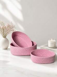 1 pièce/3 pièces Panier de rangement tressé de style simple, panier de rangement tressé fait main, convient pour les clés et les petits articles, set de paniers de rangement pour table basse, peut ranger les cosmétiques, les clés, les collations, salon, maison, boîtes tressées, décoration de chambre, décoration de vacances, panier cadeau, panier cadeau idéal - Rose pâle - Voir 1