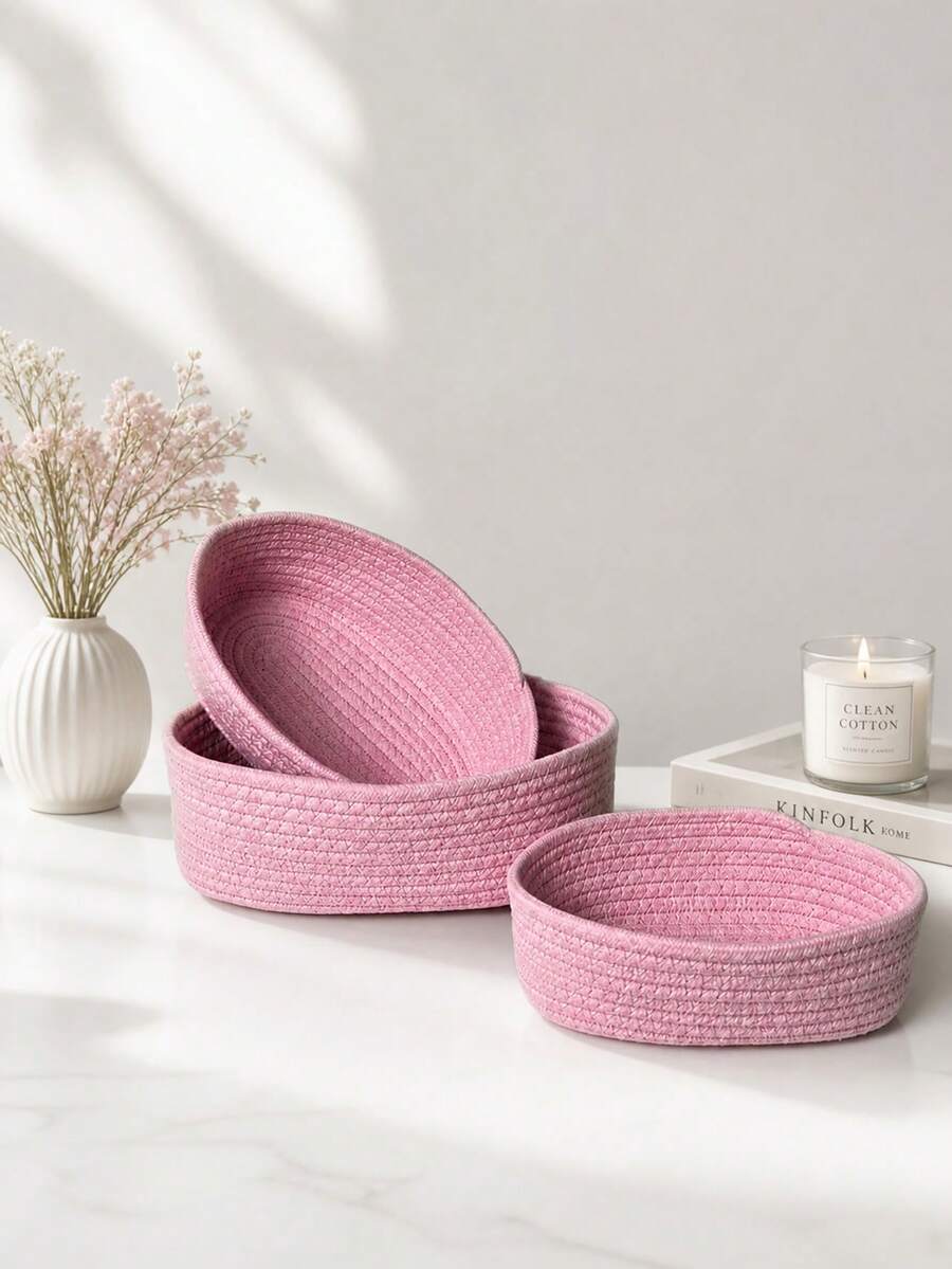 1 pièce/3 pièces Panier de rangement tressé de style simple, panier de rangement tressé fait main, convient pour les clés et les petits articles, set de paniers de rangement pour table basse, peut ranger les cosmétiques, les clés, les collations, salon, maison, boîtes tressées, décoration de chambre, décoration de vacances, panier cadeau, panier cadeau idéal - Rose pâle - Voir 1
