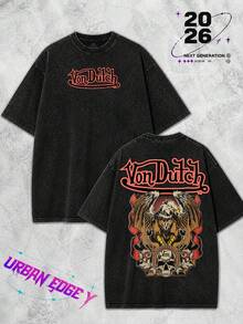 Camiseta negra vintage de estilo callejero de marca, 100% algodón, con gráfico y texto de águila y calavera de Vons Dutchs, casual, impresión frontal y trasera, retro, peso pesado, regalo perfecto, suelta, cómoda, transpirable, lavable a máquina, estilo hip hop, ropa con estilo Y2K - Negro - Ver 1