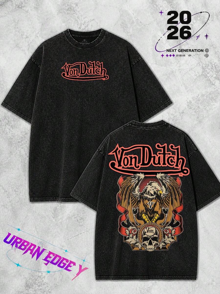 Camiseta negra vintage de estilo callejero de marca, 100% algodón, con gráfico y texto de águila y calavera de Vons Dutchs, casual, impresión frontal y trasera, retro, peso pesado, regalo perfecto, suelta, cómoda, transpirable, lavable a máquina, estilo hip hop, ropa con estilo Y2K - Negro - Ver 1