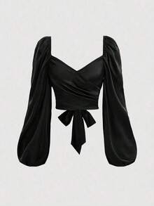 MOD Elegante Camisa Cruzada de Color Sólido con Mangas Tipo Linterna y Lazos para Mujer, Primavera/Verano - Negro - Ver 1