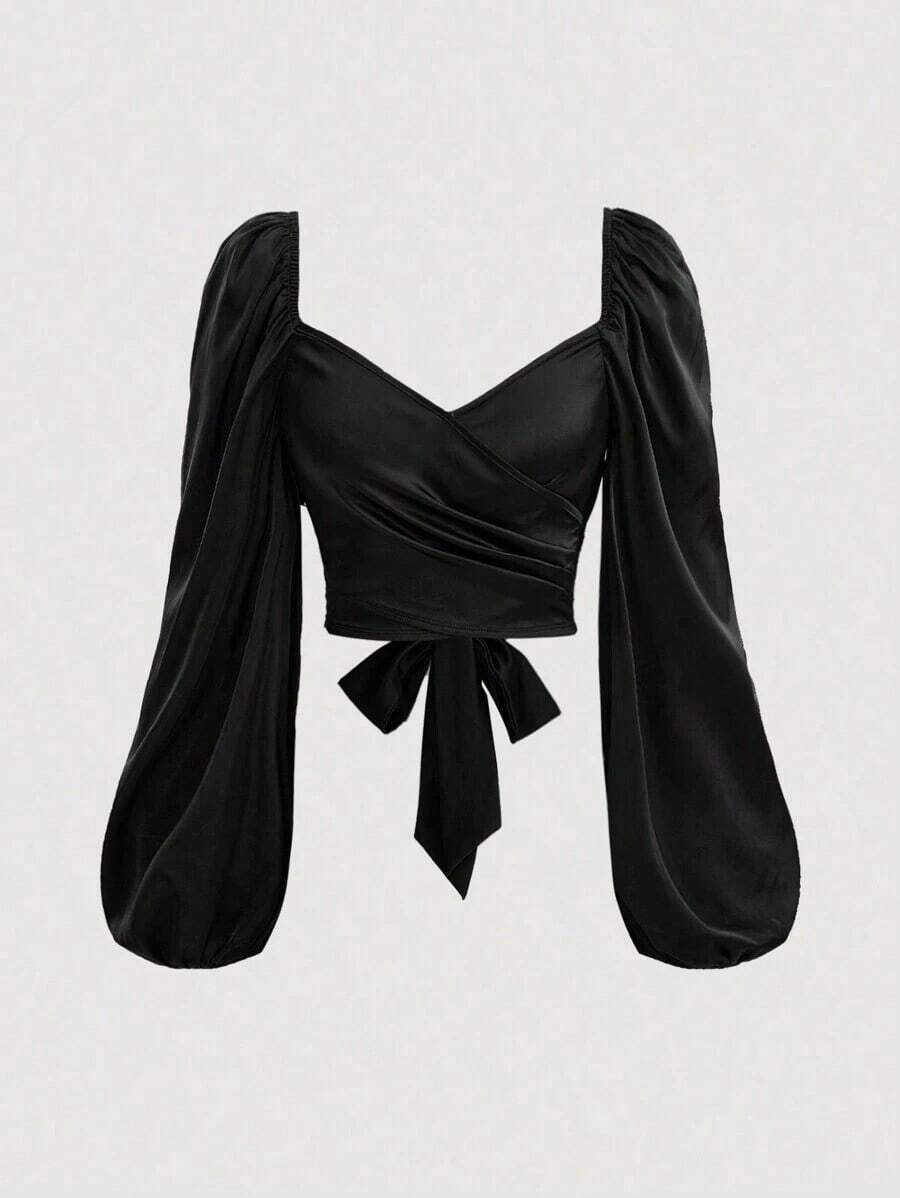 MOD Elegante Camisa Cruzada de Color Sólido con Mangas Tipo Linterna y Lazos para Mujer, Primavera/Verano - Negro - Ver 1
