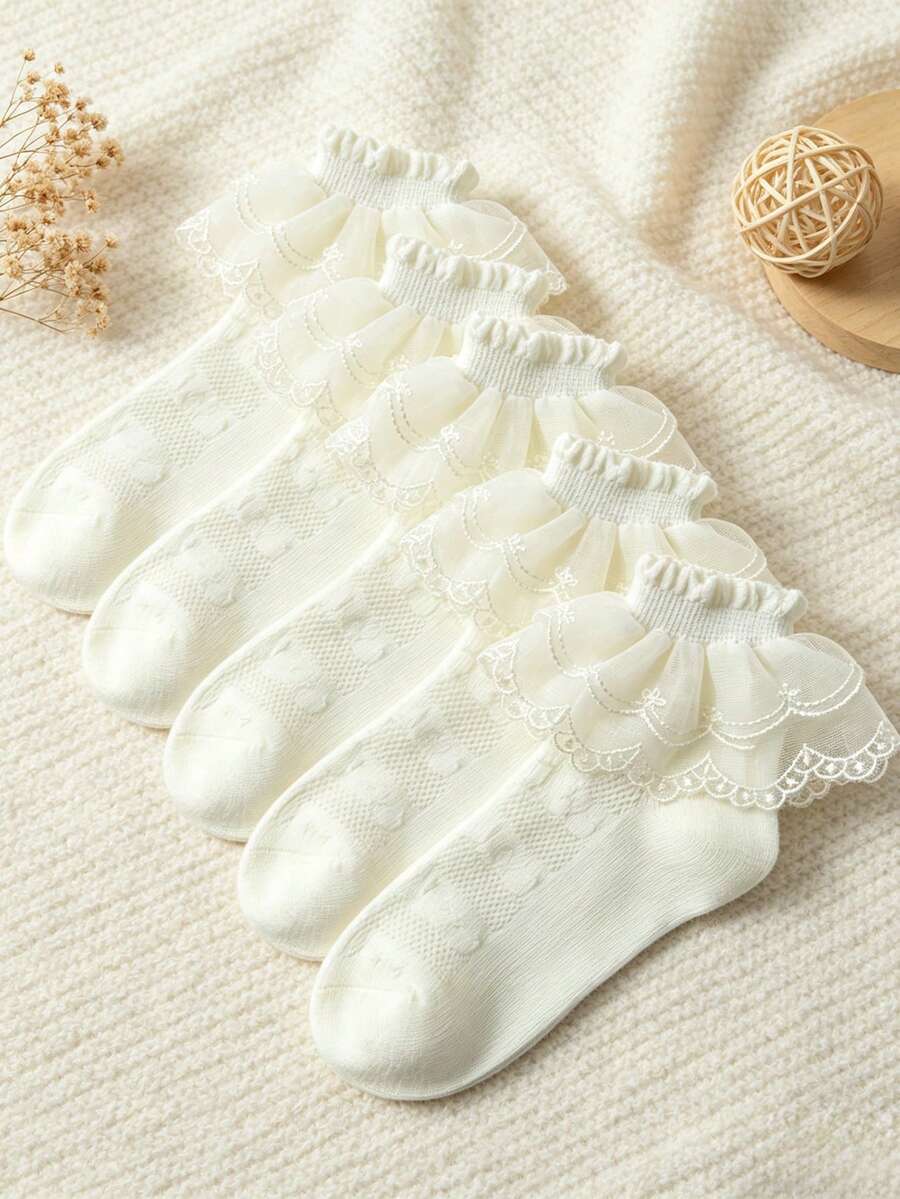 1/5雙女孩四季米色蕾絲荷葉邊襪子,可愛公主風刺繡荷葉邊短襪,親膚柔軟舒適,時尚休閒透氣百搭,適合節日禮物/學校與日常穿著 - 米色 - 查看 1