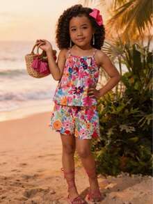 2pcs Girls Floral Print Camisole Top And Shorts Set, Cute Style For Outing And Photography, Spring/Summer - Multicolor - View 10