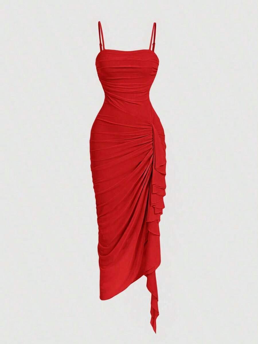 Vestido de mujer con estampado de mariposa vintage con teñido anudado, volantes fruncidos y bajo asimétrico, ideal para el Día de San Valentín, carnaval, cóctel, cena, baile de graduación, cumpleaños, verano y fiestas - Rojo - Ver 1