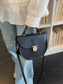 1 件女士时尚通勤纯色手提包，便携多功能奢华翻盖单肩包，新款小众奢华高品质马鞍斜挎包，适合约会、购物、送礼、工作等场合。 - 黑色 - 查看 8