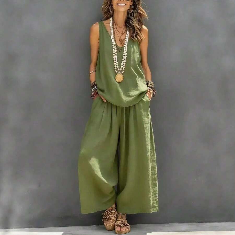 Conjunto de algodón y lino para mujer sin mangas y pantalones anchos de moda y  caliente - Verde - Ver 1