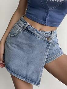 Womens High Rise Denim Skorts Asymmetrical Mini Jean Shorts Casual Summer Going Out Short Pants - Blue - View 7