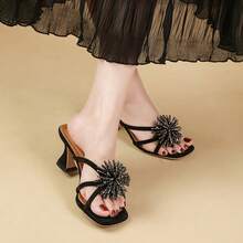 Square Toe Butterfly Design 2025 Spring/Summer New Arrival Strap High Heel Sandals, Elegant Goddess Style Chunky Heel Slides - Black - View 8