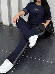 Conjunto de 2 piezas de camiseta de manga corta de cuello redondo y pantalones sueltos de cintura elástica para mujer, uso casual diario, elegante para primavera/otoño y verano - Azul real 66 - Ver 8