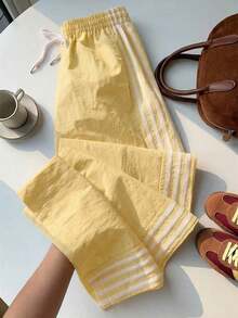 QBGN  Pantalones de chándal casuales y holgados con cintura elástica y rayas laterales marrones para mujer - Amarillo - Ver 8
