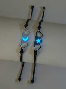 ATLVXJL 2pcs/Set Glow-In-The-Dark Couple/Friendship Starry Heart Pendant Bracelets, Black Cord, Suitable For Daily Wear And Holiday Gift - Multicolor - View 6