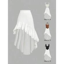 Women's White Asymmetric Ruffle Hem Midi Skirt, Asymmetrical Skirt, White Ruffle Skirt, White Skirts, High Low Skirt, Festival Outfit , Women Skirt Western Outfit Women Boho Skit,Summer,Festival,Beach,Party,Vacation,Going Out,Garden Party,Country Concert,Music Festival,Boho,Y2K,Vintage, Cowgirl Outfit For Women, Boho Outfit For Women, Women Vacation Outfit - 白色 - 查看 3