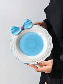1pc Colorful Bowknot Ceramic Plate, Ins Style Creative Handpainted Embossed Plate, Bowknot Design & Colorful Round Plate, Suitable For Daily Western Dining, Birthday Cake, Snacks, Storage, Dishwasher - Multicolor - View 15