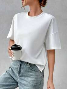 Camiseta holgada de estilo minimalista casual para mujer, con parte delantera corta y parte trasera larga, versátil para usar en la calle, adecuada para primavera y verano - Blanco 3 - Ver 4