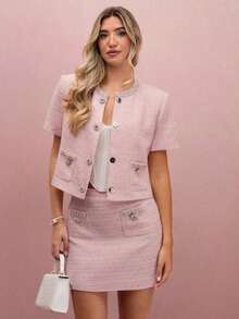 Chaqueta elegante de mujer con adornos de perlas y mangas cortas, para verano - Rosa - Ver 6