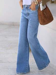 Jeans rectos holgados y casuales para mujer con bolsillos, pantalones vaqueros lavados simples, adecuados para el verano y también un artículo imprescindible para el otoño y la primavera - azul claro - Ver 4