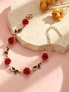 1pc Vintage Red Rose Charm Bracelet, Elegant & Fashionable Accessory For Women, Suitable For Daily Wear And Parties - Yellow Gold - View 5