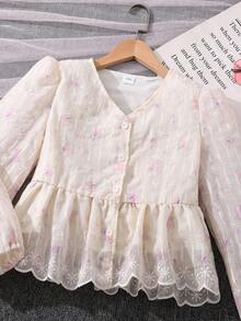 Left Mama Girls Elegant Floral Print Long Sleeve Top And Straight Pants Set, Spring/Autumn - Purple - View 3