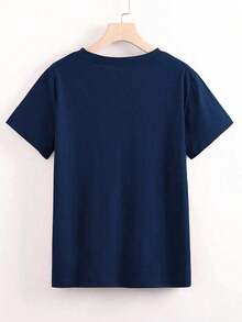 Blusa de mujer de manga corta con cuello redondo en azul marino con estampado versátil de leopardo y cereza - Azul marino - Ver 2