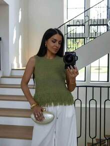 Top de punto sin mangas de cuello redondo de unicolor, versátil para el verano - Verde Oliva - Ver 8