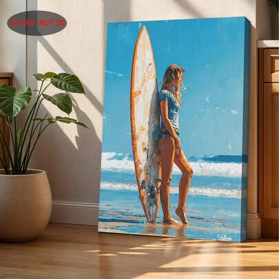2D Flat, 1pc Surfer Girl Wall Art - Retro Surfboard Beach Painting, Wrapped Canvas Frame Surfing Poster, Female Surfer Decor For Bedroom, Living Room, Bathroom - Surf-Themed Gift For Surf Enthusiasts & Coastal Home Decoration, 2D Flat