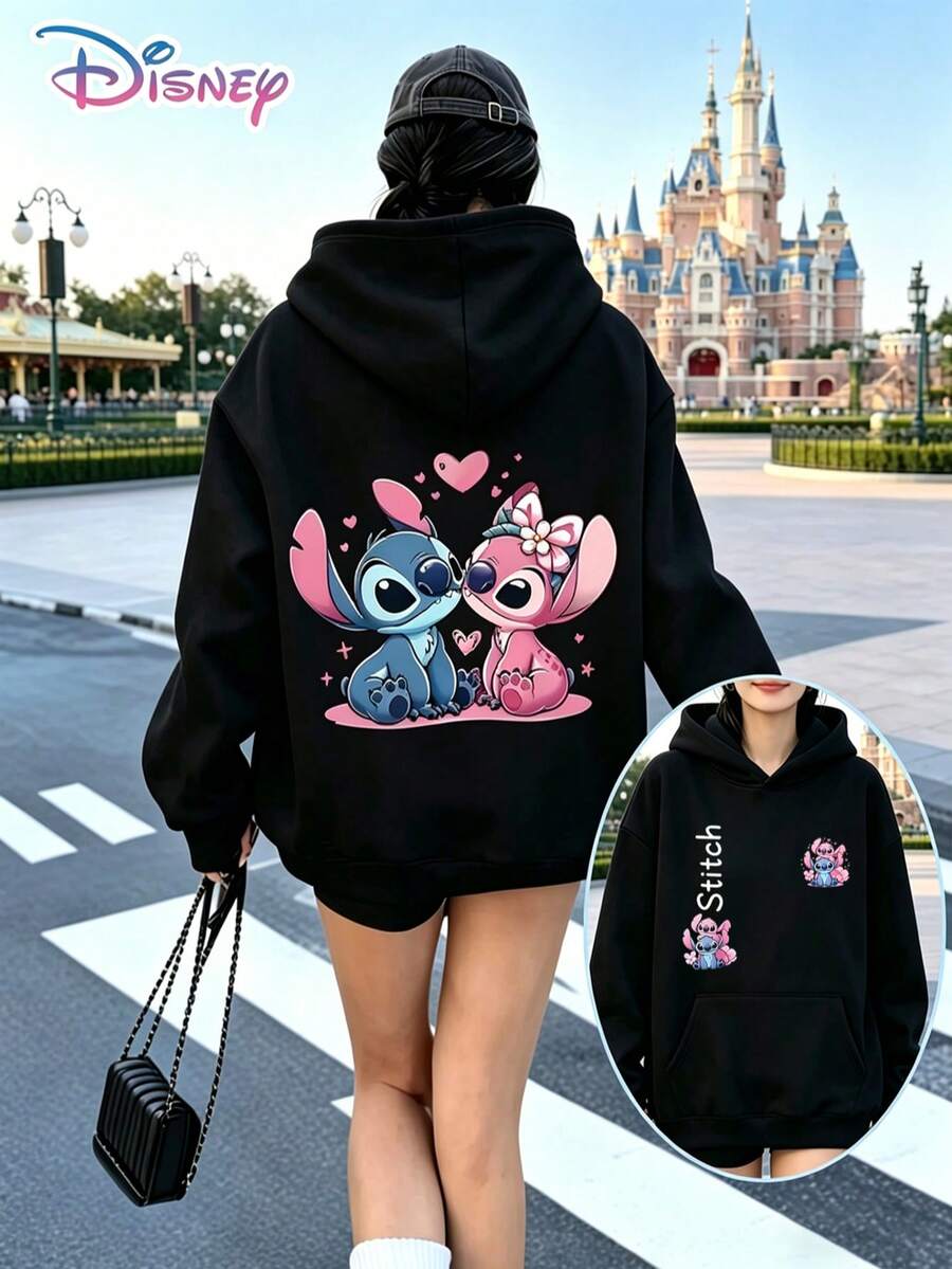 Disney Lilo & Stitch Y2K Printed Hoodie, Stitch Couple Print Loose Fit Top, Casual And Versatile, Perfect For Holiday Gifts. (Women's Autumn/Winter Clothing/Elegant Women's Outfits/Patterned Hoodies/Printed Tops/Casual Outfits For Women/Women Trending Now/Holiday Co-Ord/Plus Size Friendly) - Black - View 1