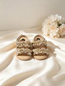 Sandalias abiertas con diseño floral lindo, transpirables, para niñas, livianas y cómodas, antideslizantes, adecuadas para interiores, exteriores, playa, primavera/verano - Dorado - Ver 4