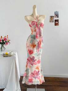 2026 Women's Romantic Gradient Mesh Knit Holiday Dress With Halter Neck, Bow And Decorative Metal Buckle, Mermaid Cut, Suitable For Parties, Dates, Afternoon Tea, Sexy And Elegant - 黑色 - 查看 5