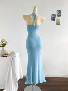 2026 Women's Romantic Gradient Mesh Knit Holiday Dress With Halter Neck, Bow And Decorative Metal Buckle, Mermaid Cut, Suitable For Parties, Dates, Afternoon Tea, Sexy And Elegant - 灰色 - 查看 2