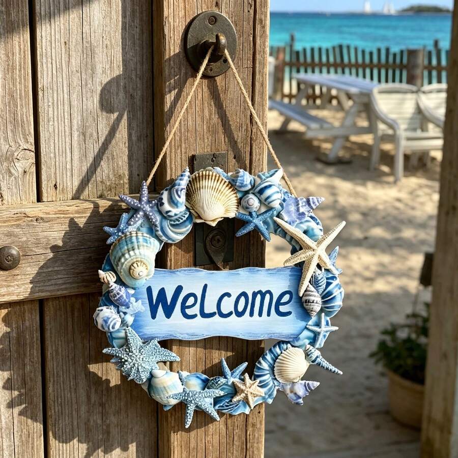 1pc Summer Ocean Style Shell WELCOME Wooden Hanging Sign, Coastal Style Porch Door Wall Decor - Multicolor - View 1