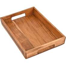 Nirman Serving Trays Acacia Wood Engraved Designer Tray With Handles | Elegant Gift For Home Decor, Hosting, Parties - 棕色 - 查看 3