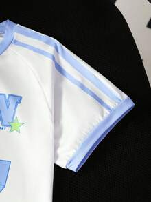 2件套女童休闲运动时尚美式学院风经典侧条纹67号字母印花宽松舒适插肩袖T恤和短裤套装，春夏款 - 藍色 - 查看 5