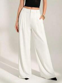 Tall Pantalones anchos de cintura alta plisados de estilo empresarial sexy y casual - Pantalones sueltos de unicolor elegante, ropa profesional de oficina, pantalones de trabajo con corte elegante para mujeres - Blanco - Ver 6