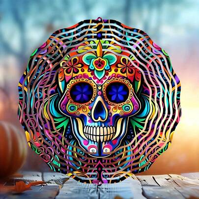 10-Inch Candy Skull 3D Stainless Steel Wind Spinner - Perfect For Halloween, Christmas And More - Multifunctional Hanging Metal Garden Art Decor, Christmas Decoration