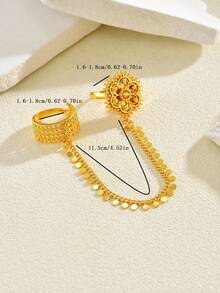 1pc Adjustable Flower Chain Connected Finger Ring, Luxury Copper Gold Plated, Suitable For Women Wedding Party Accessories - Yellow Gold - View 2