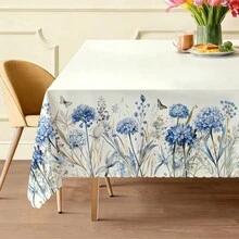 藍色水彩野花桌布 1 入，聚酯纖維 2D 平面印花波西米亞花環圖案，適用正方形、圓形與長方形桌子，適合居家用餐、廚房、新娘送禮會、茶會與農舍風裝飾 - A - 查看 6