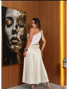 Women's Elegant Casual Satin Midi Skirt - 白色 - 查看 2