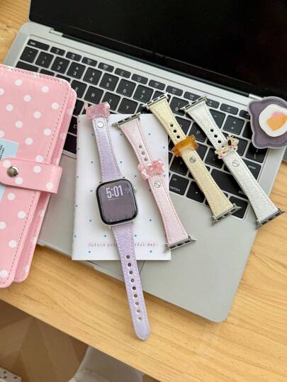 1 pieza Correa de cuero para mascotas con efecto luminoso tipo gelatina, compatible con Apple Watch de 41mm, 40mm, 38mm, 49mm, 45mm, 44mm, 42mm, adecuada para Apple Watch Ultra/Series 11 2/10/9/8/7/6/SE/5/4/3/2/1, correa de reloj casual para niñas, niños y adolescentes