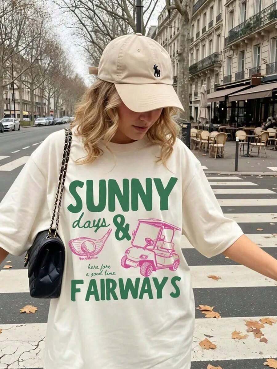 Camiseta 100% Algodón Sunny Days And Fairways, Camisa de Golf, Regalo para Amantes del Golf, Camiseta Gráfica de Verano 2026 - Camisetas Gráficas Cortas para Mujer, Ropa para Conciertos, Ropa Linda de Verano - Albaricoque - Ver 1