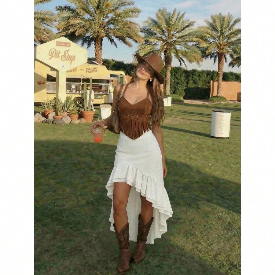 Women's White Asymmetric Ruffle Hem Midi Skirt, Asymmetrical Skirt, White Ruffle Skirt, White Skirts, High Low Skirt, Festival Outfit , Women Skirt Western Outfit Women Boho Skit,Summer,Festival,Beach,Party,Vacation,Going Out,Garden Party,Country Concert,Music Festival,Boho,Y2K,Vintage, Cowgirl Outfit For Women, Boho Outfit For Women, Women Vacation Outfit - 白色 - 查看 1