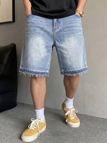 宽松毛边阔腿牛仔短裤，Y2K 宽松中长牛仔短裤，休闲街头风宽松百搭牛仔短裤，棉质斜插口袋牛仔短裤，夏季牛仔裤 - 淺藍色 - 查看 2