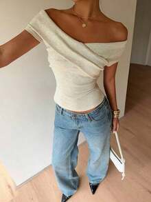 Nueva llegada Camiseta de moda ajustada con hombros descubiertos para mujer, primavera/verano - Albaricoque - Ver 4